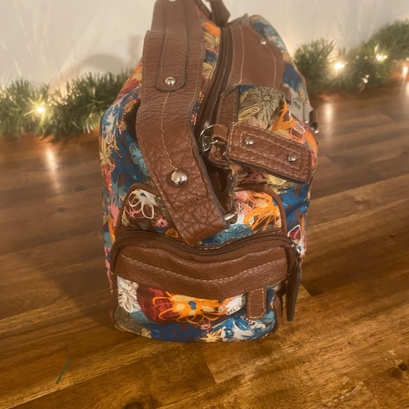 Rosetti Multicolor Floral Purse With Brown Leather Straps and Pocket Trim - Picture 3 of 7